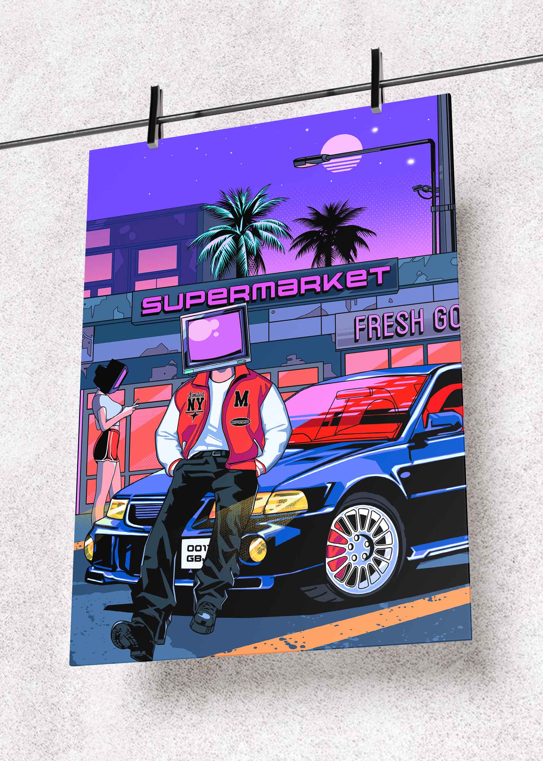 Neon Supermarket Nights – Premium Metal Art Poster