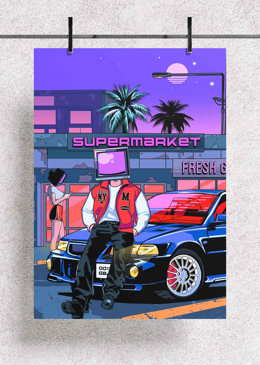 Neon Supermarket Nights – Premium Metal Art Poster